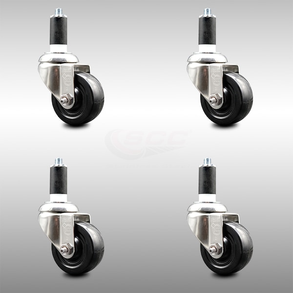 3 Inch 316SS Hard Rubber Wheel Swivel 1-1/4 Inch Expanding Stem Caster Set SCC